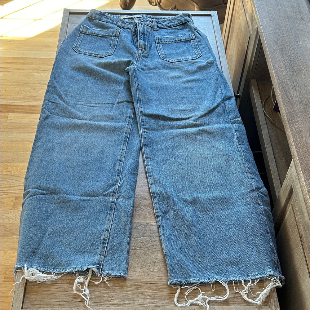 Zara Straight Leg Blue Jeans with Distressed Hem